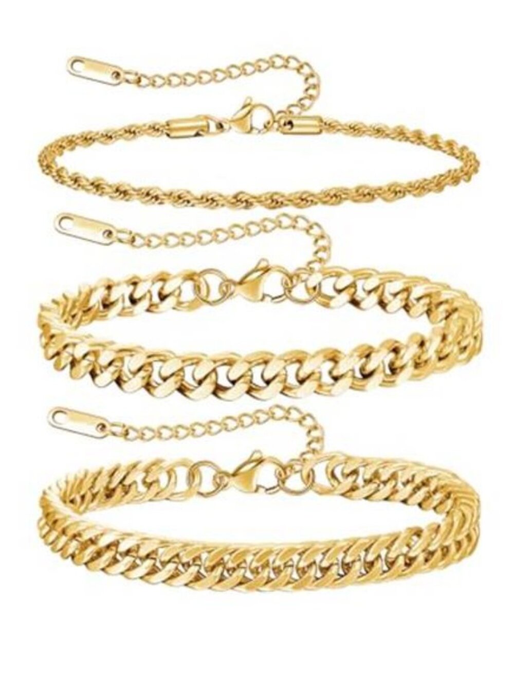 3Pcs Stainless Steel Mens Bracelet Adjustable Sturdy Silver Cuban Chain